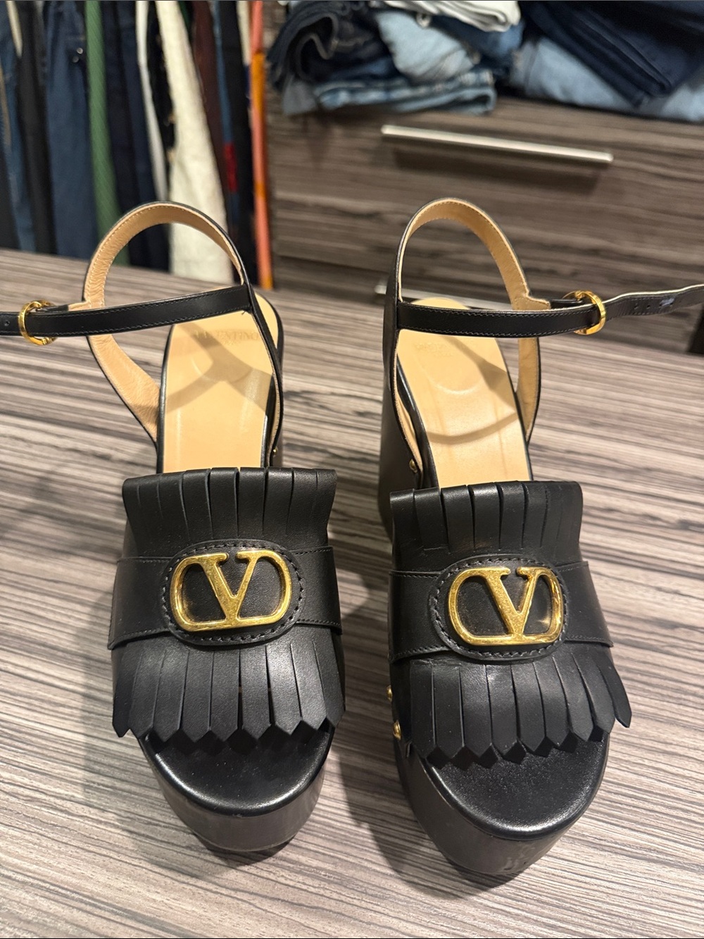 Valentino Garavani Black Leather Platform Slingback Heels with Gold V Logo